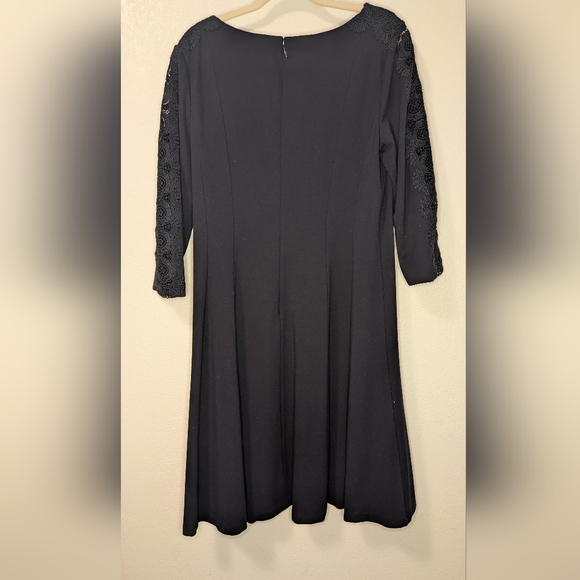 Talbot's Lace Sleeve Ponte Fit & Flare Navy Dress - Picture 3 of 8